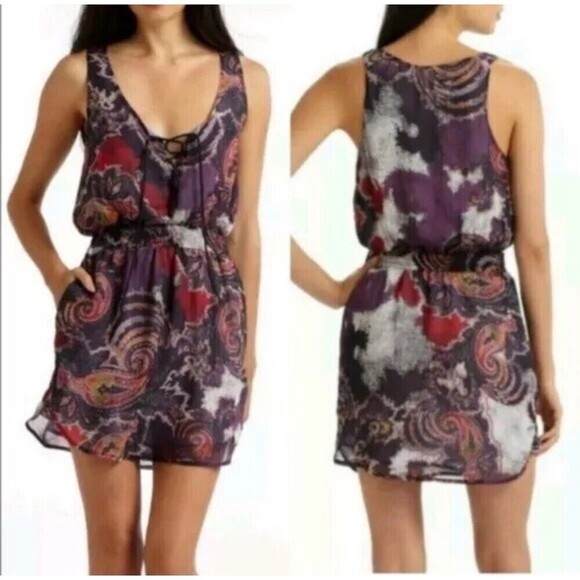 Free People Dress XS Falling for Georgette Lace Up Eggplant Paisley Flowy N3 - Picture 1 of 12